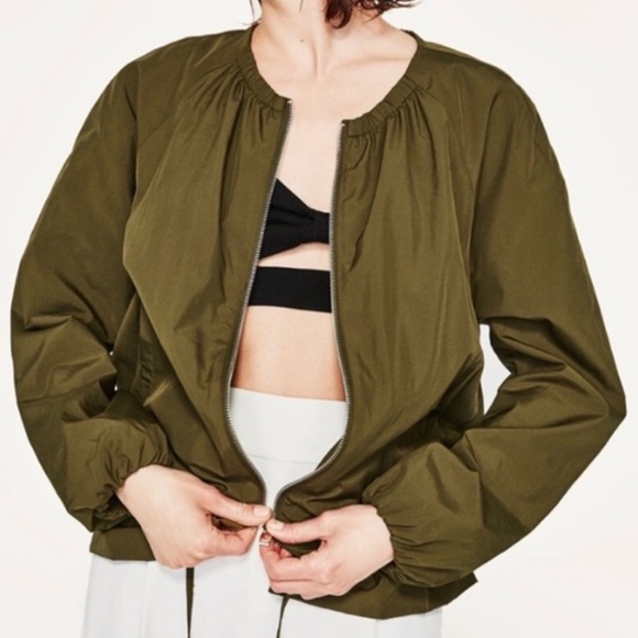 Zara Green Bomber Jacket with Elastic Waistband Size L - Picture 2 of 9